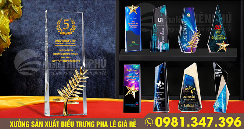 Mẫu kỷ niệm chương pha lê hình khối gắn cành tùng hoặc ngôi sao