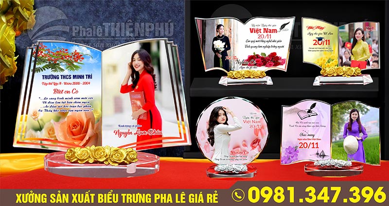 Mẫu kỷ niệm chương pha lê hình quyển sách gắn hoa composite dát vàng